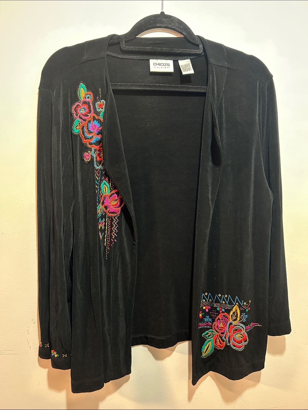 Chico's Travelers Black Open-Front Cardigan with Multicolor Floral Embroidery